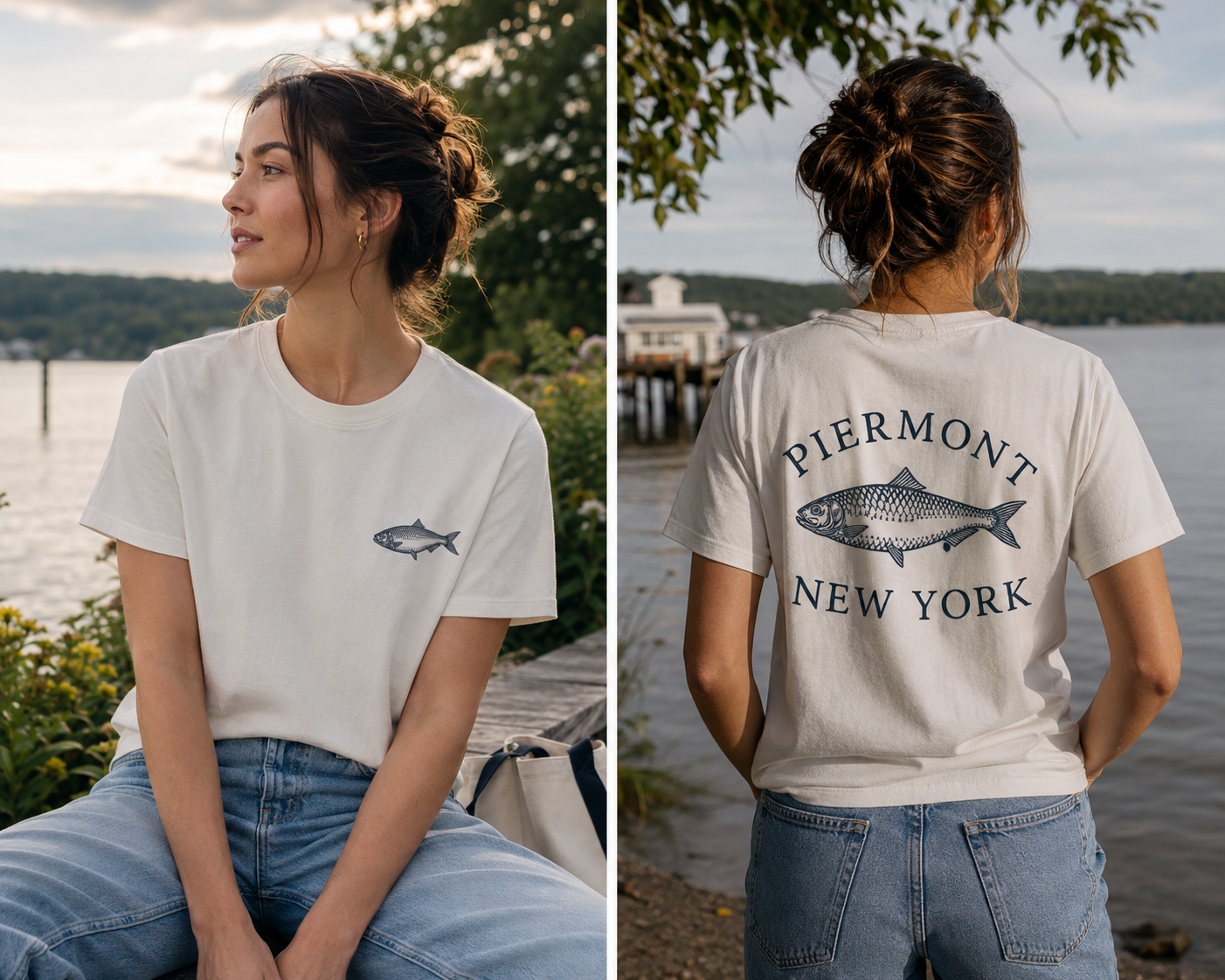 A woman is shown outdoors in a split view, wearing a white short-sleeve T-shirt with a small fish graphic on the left chest and a large back print reading “PIERMONT NEW YORK” with a fish illustration. She is seated by the water in the front view and standing by the shoreline in the back view.