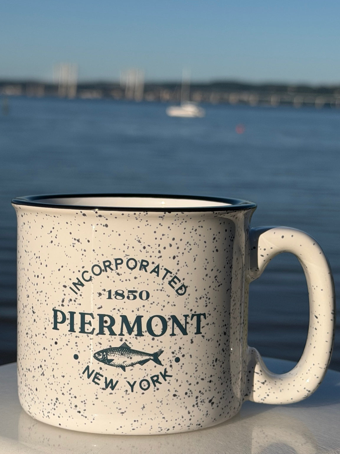 Piermont speckled campfire mug with American Shad artwork photographed by the Hudson River