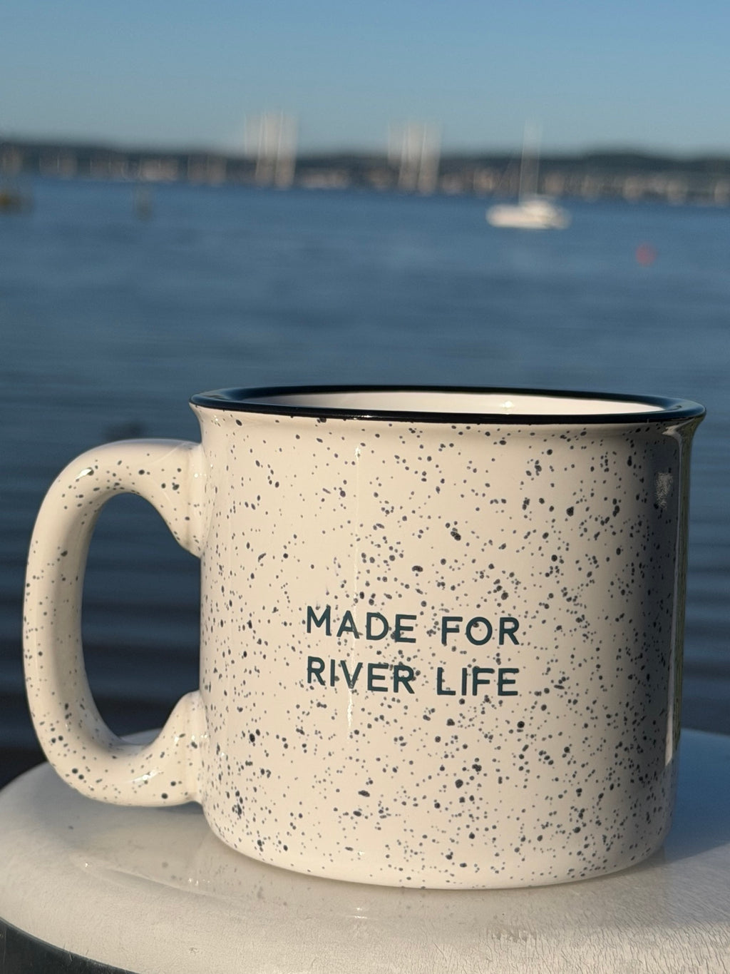 Reverse of Piermont speckled campfire mug reading Made for River Life by the Hudson River